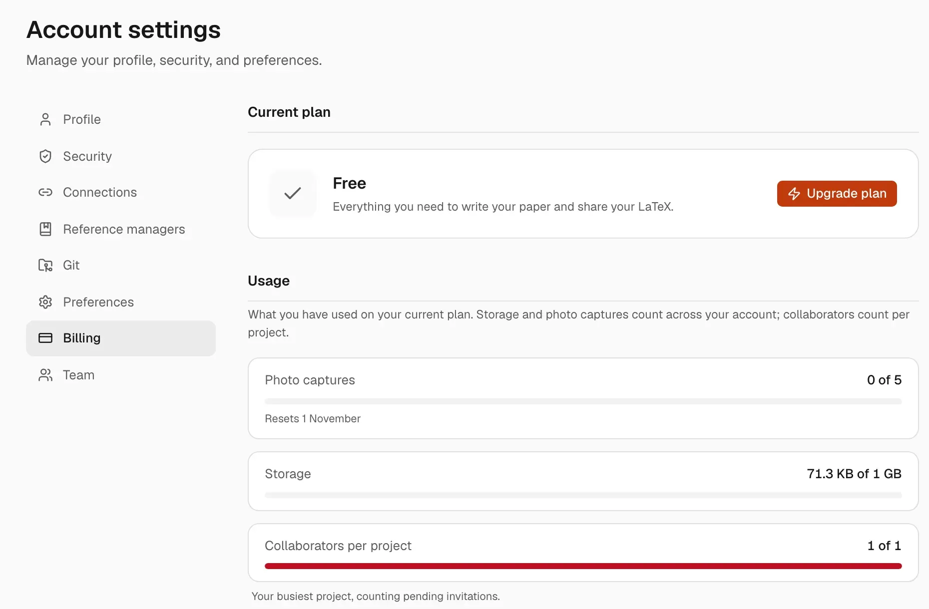 The Billing page of a Free account: the Current plan card with the Upgrade plan button, and the Usage section with the Photo captures, Storage and Collaborators per project meters