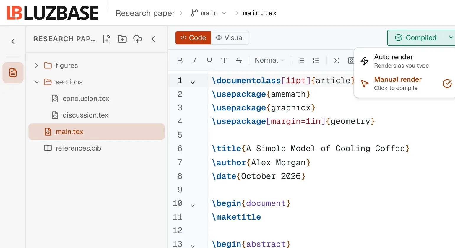 The Compile split button in the editor header with its render mode menu open, showing Auto render (“Renders as you type”) and Manual render (“Click to compile”)