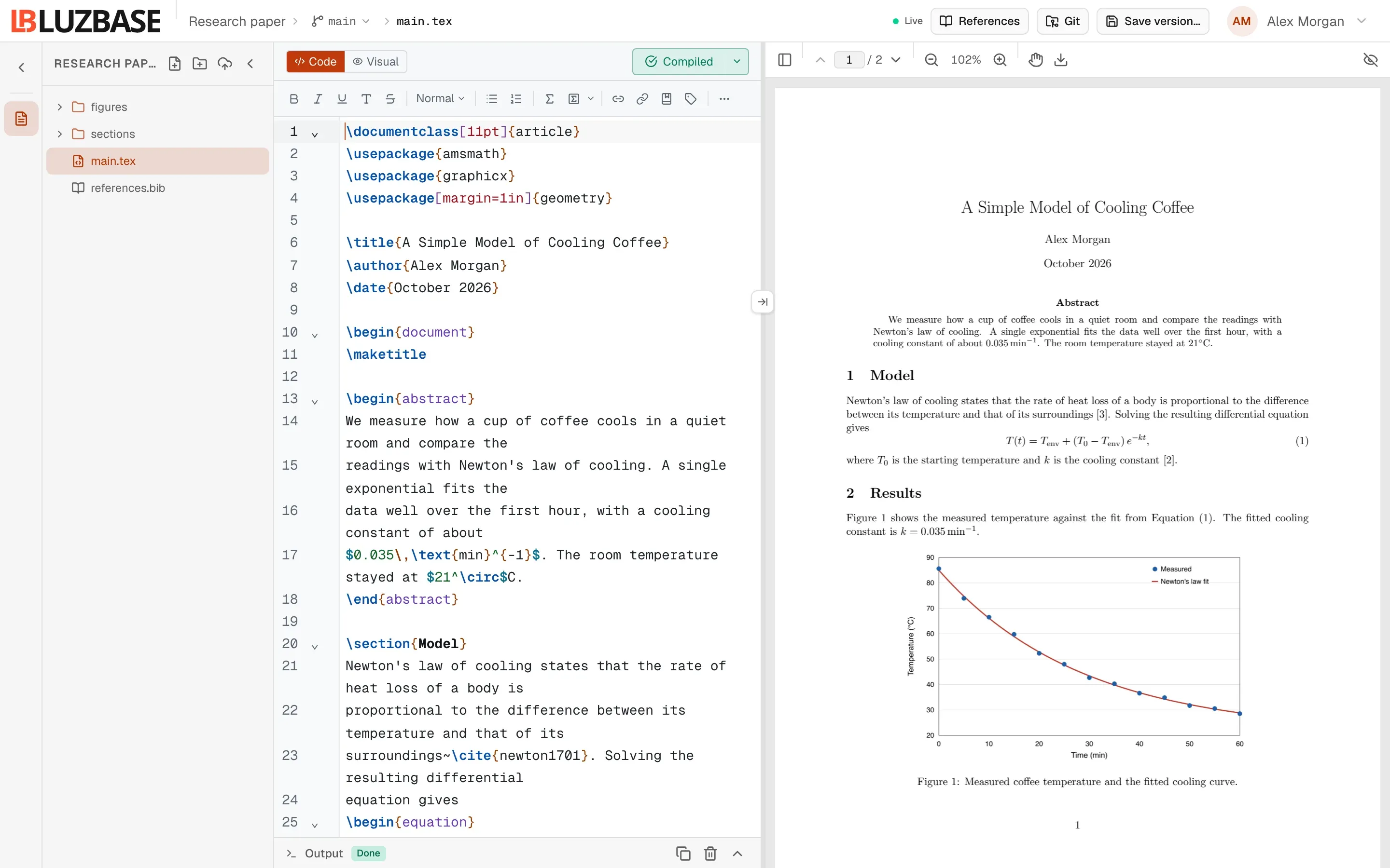 The Luzbase editor for a short article: the file tree with main.tex selected on the left, the LaTeX source in code mode in the middle, the compiled PDF in the preview on the right, and the Output panel collapsed at the bottom