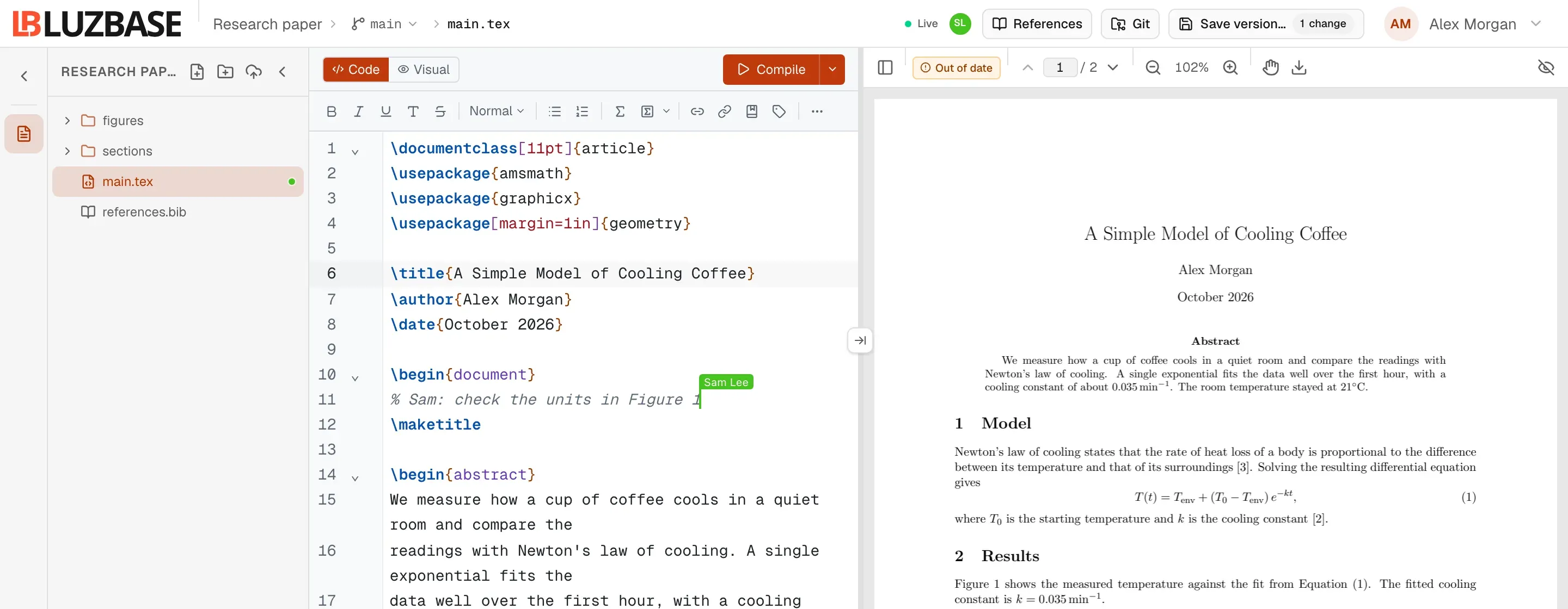 The editor with two people in main.tex: a second collaborator’s avatar next to the green Live status in the header, their cursor with a “Sam Lee” name label in the source, and a coloured dot next to main.tex in the file tree