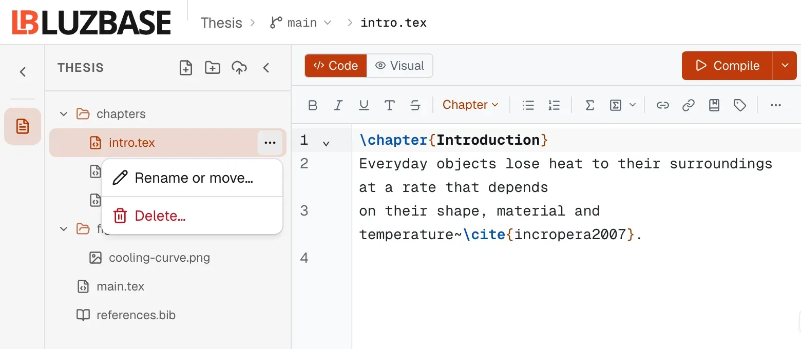 The editor file tree of a thesis project with chapters and figures folders, and the row menu of chapters/intro.tex open, showing Rename or move… and Delete…