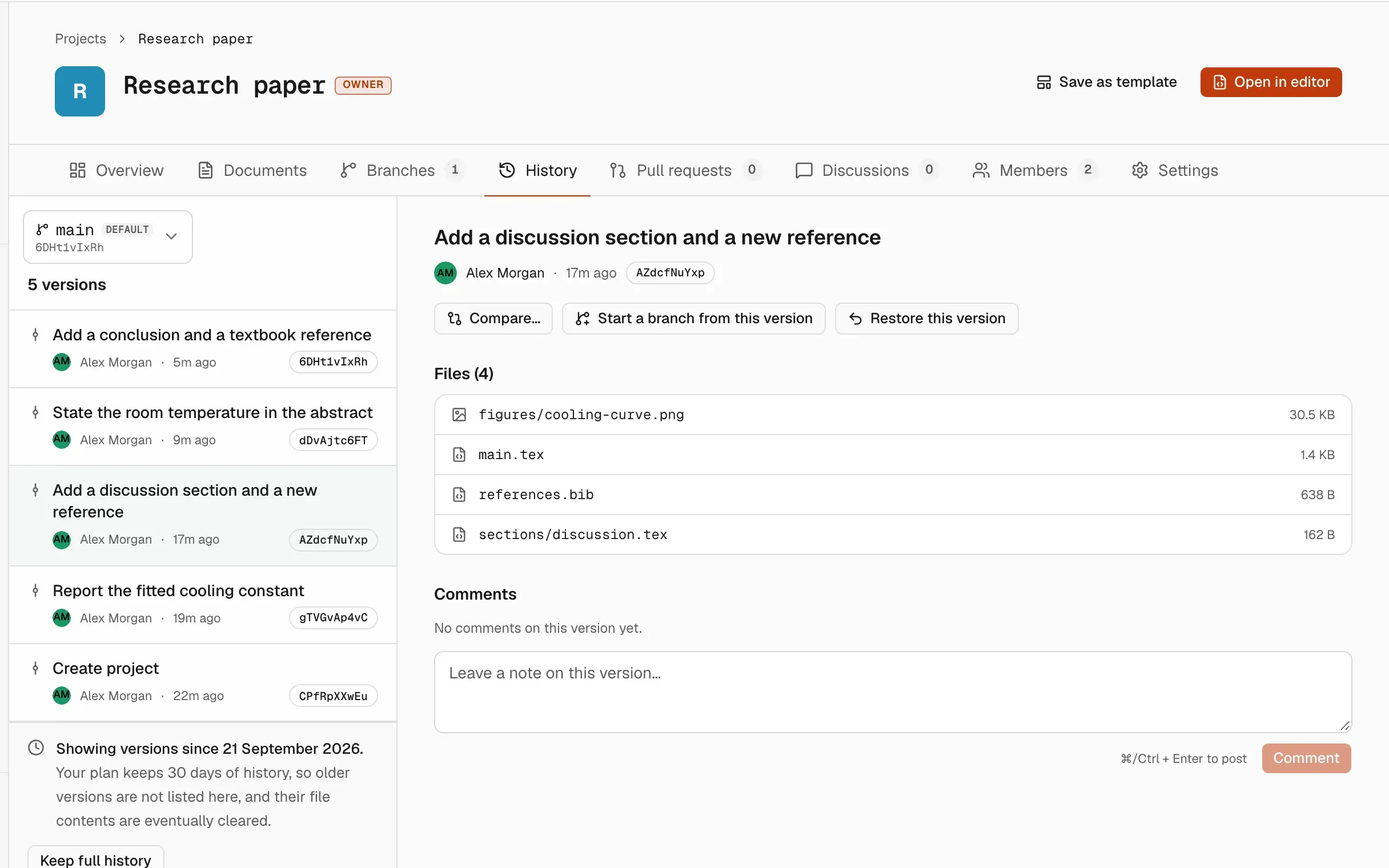The History tab of a project with five versions on the main branch and an older version selected: its description, author and version ID, the Compare…, Start a branch from this version and Restore this version buttons, and the files it contains