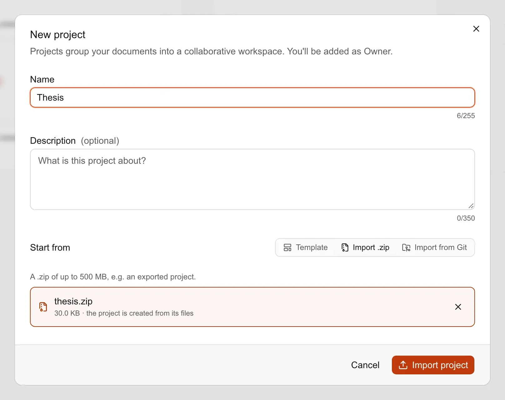 The New project dialog with Import .zip selected under Start from, a .zip file chosen, and the Import project button