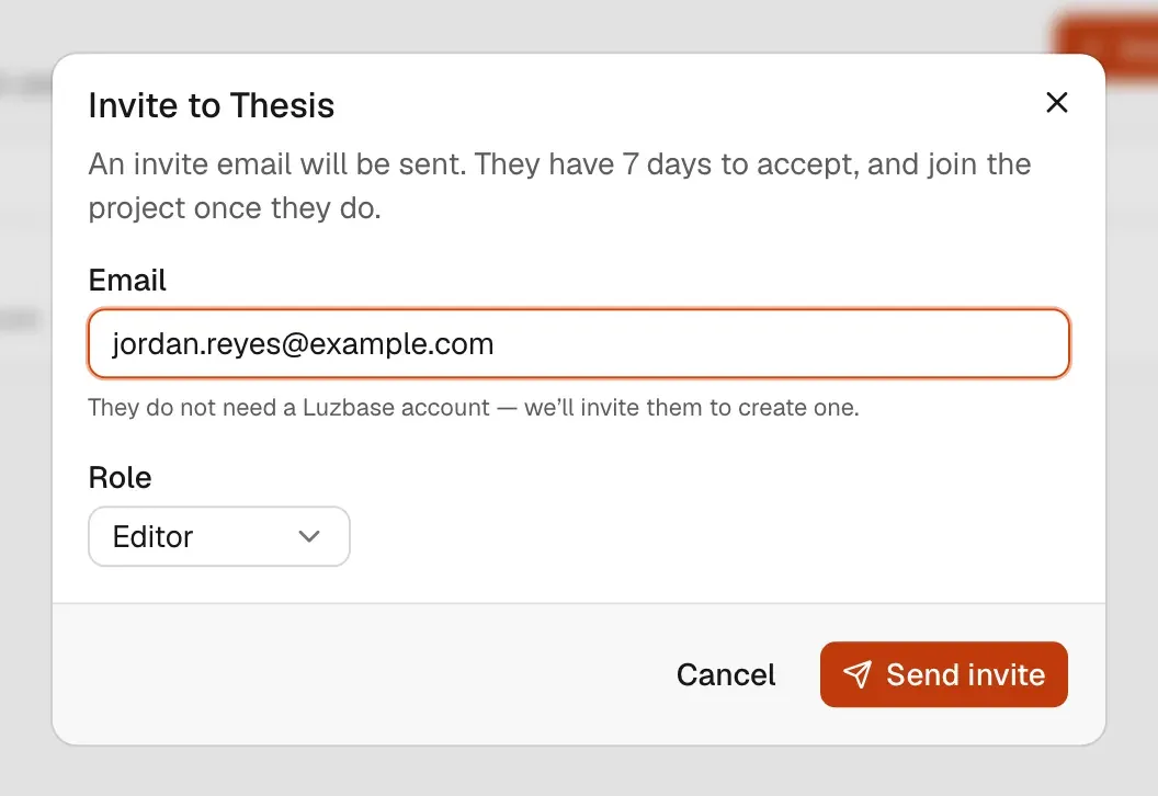 The “Invite to Thesis” dialog with an example address in Email, the Role picker set to Editor, and the Cancel and Send invite buttons