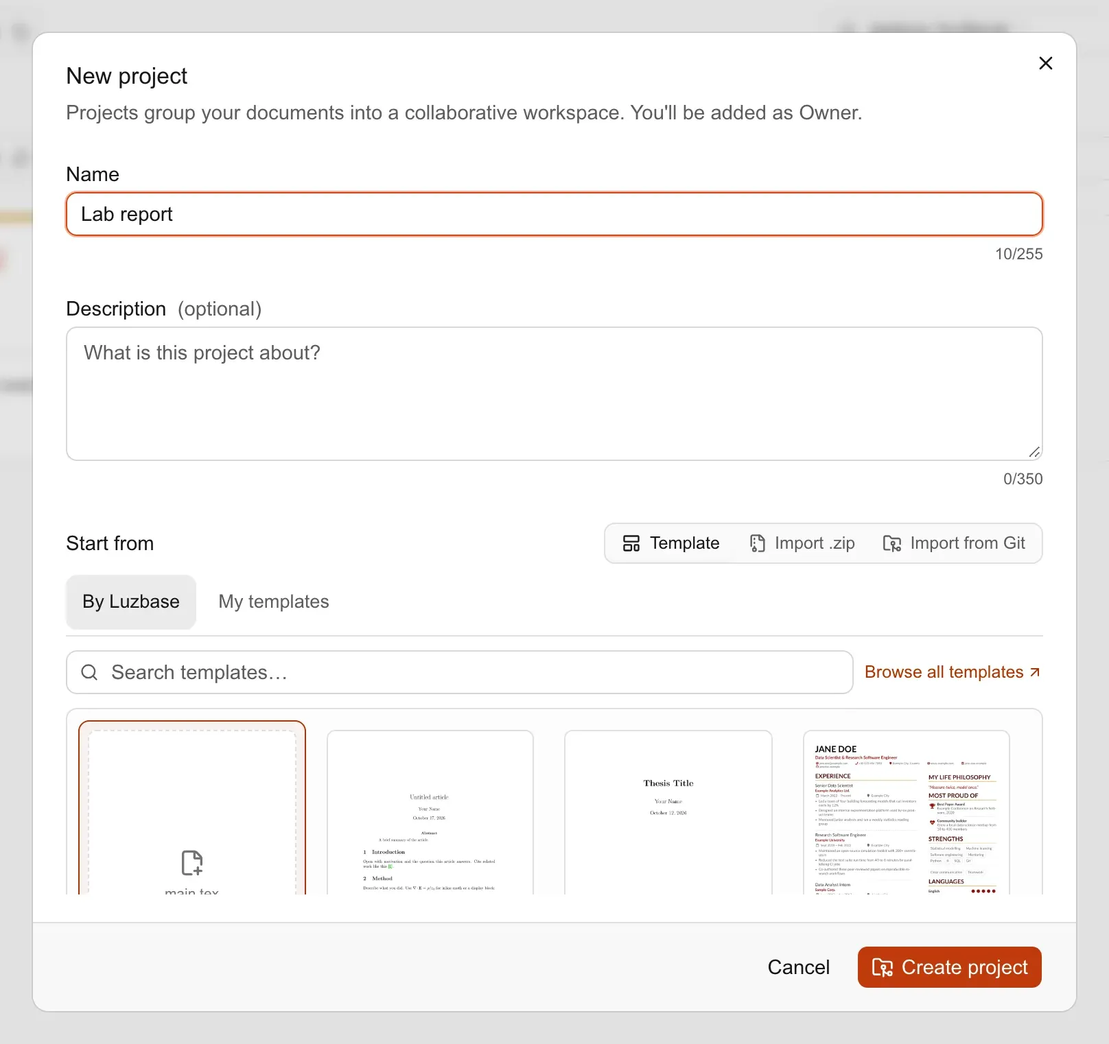 The New project dialog with Name set to “Lab report”, Start from set to Template, and the Blank tile selected in the By Luzbase template list