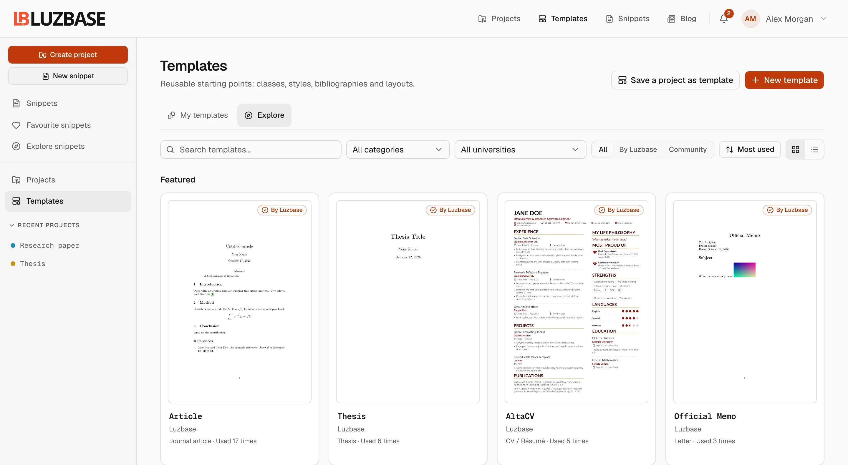 The Templates gallery on the Explore tab: the search box, the category and university filters, the All, By Luzbase and Community source filter, and the Featured row of By Luzbase templates with PDF thumbnails